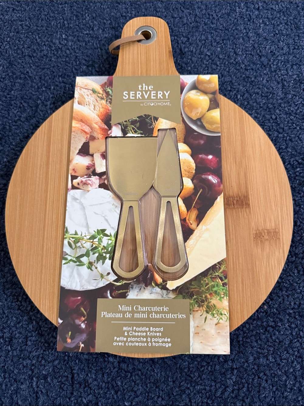 Ciroa Bamboo Round Mini Charcuterie Paddle with Gold Cheese Knives
